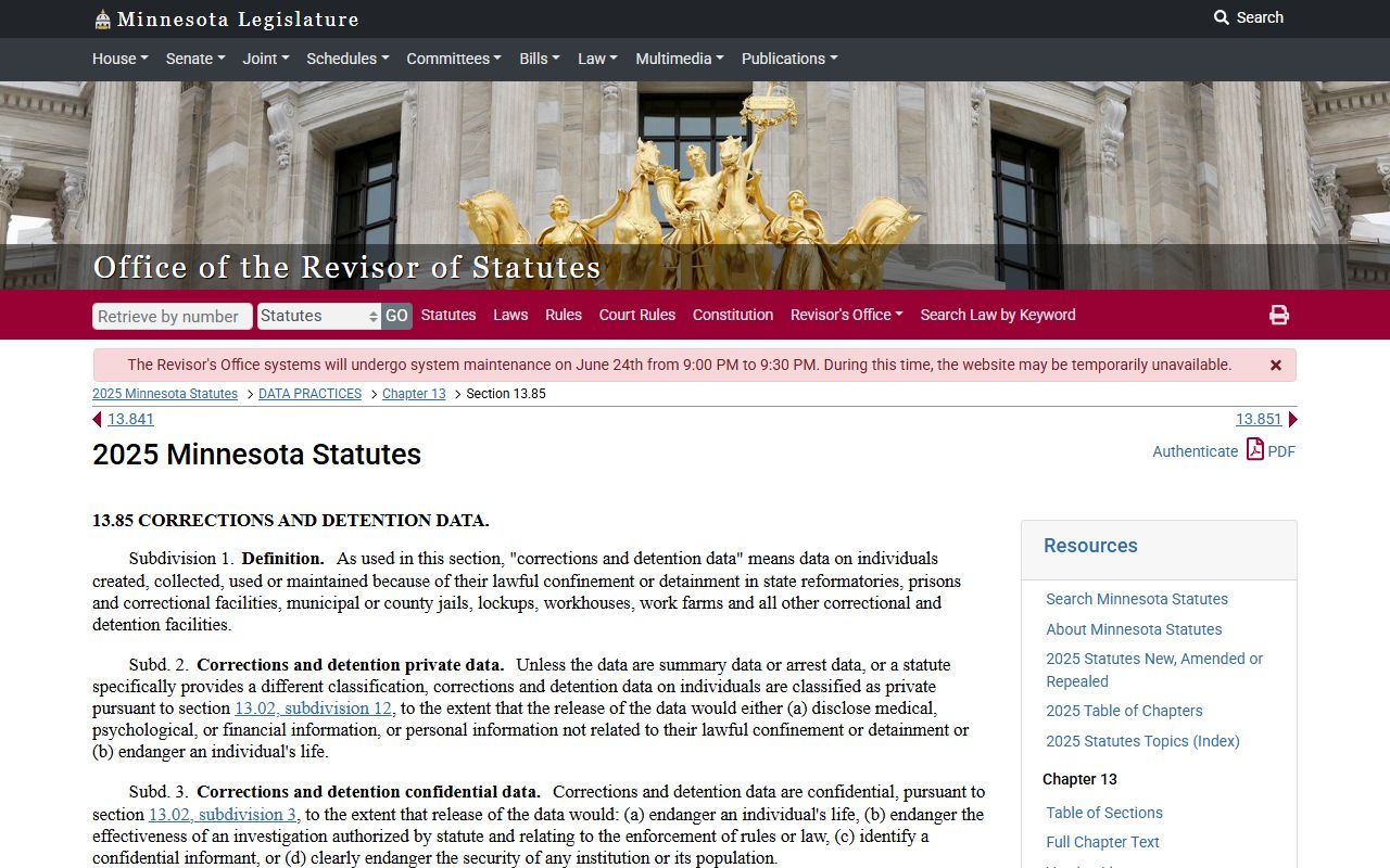 Minnesota corrections and detention data statute page for jail custody records