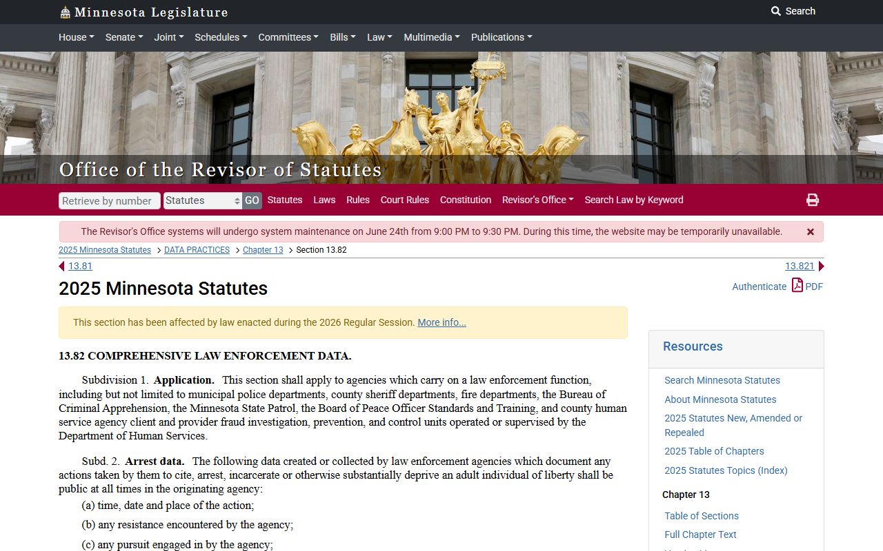 Minnesota law enforcement data statute page for arrest and report records