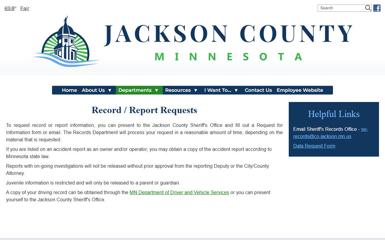Jackson County Sheriff records request page for reports and data requests