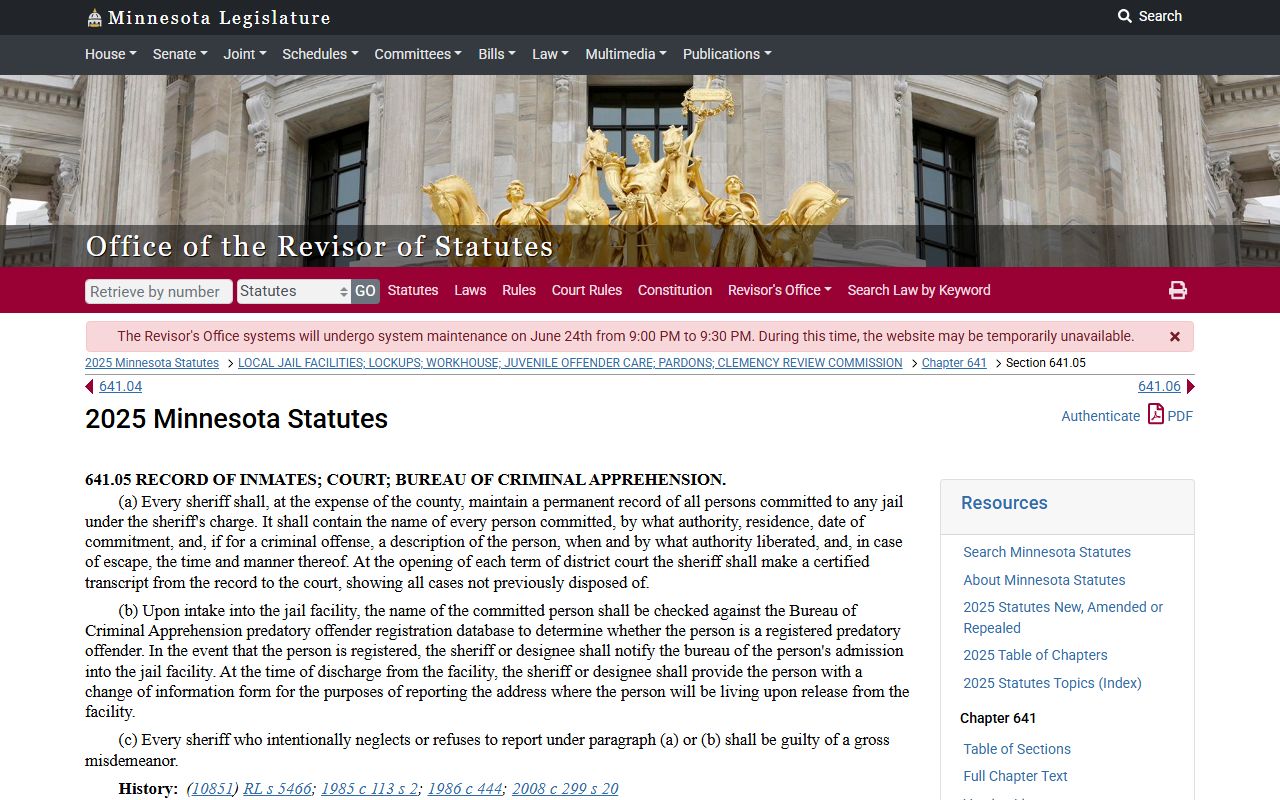 Minnesota jail register statute cited by Jackson County jail roster