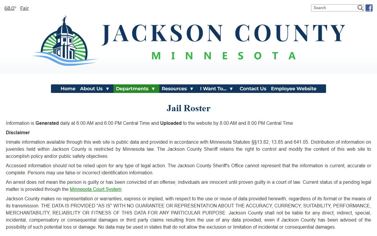 Jackson County jail roster notice with update schedule and disclaimer