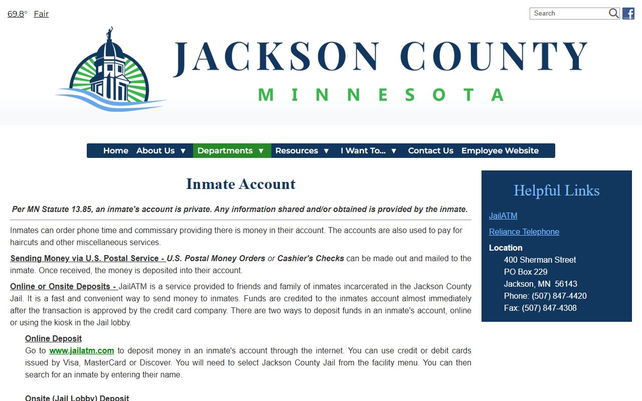 Jackson County inmate account page for deposits and phone card options